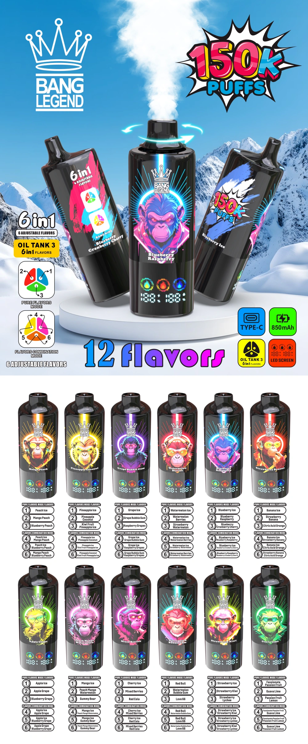 Vape 150k bouffées Bang Legend 150000 vape jetable 6 en 1 entrepôt UE