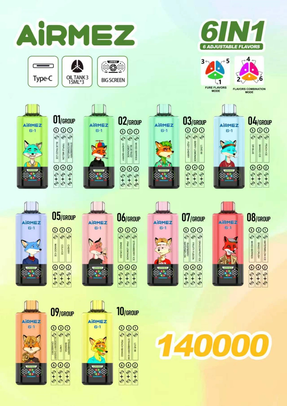 Airmez 140K Bouffées Vape Jetable 6-en-1 Vente en Gros Livraison 3-7 Jours Entrepôt UE