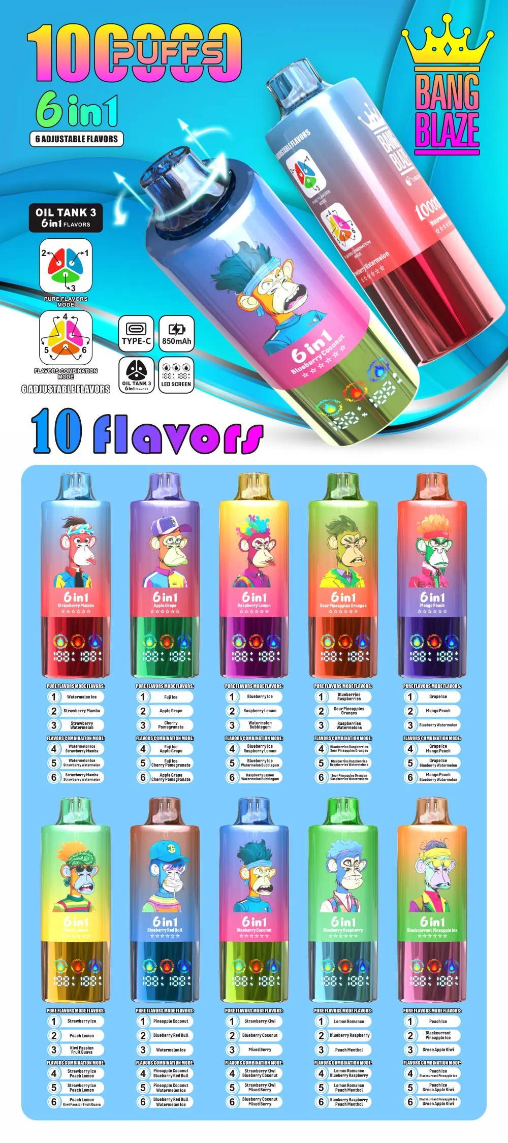 Bang Blaze 100K Bouffées 100000 Vape Jetable 6 En 1 Livraison Gratuite Entrepôt UE