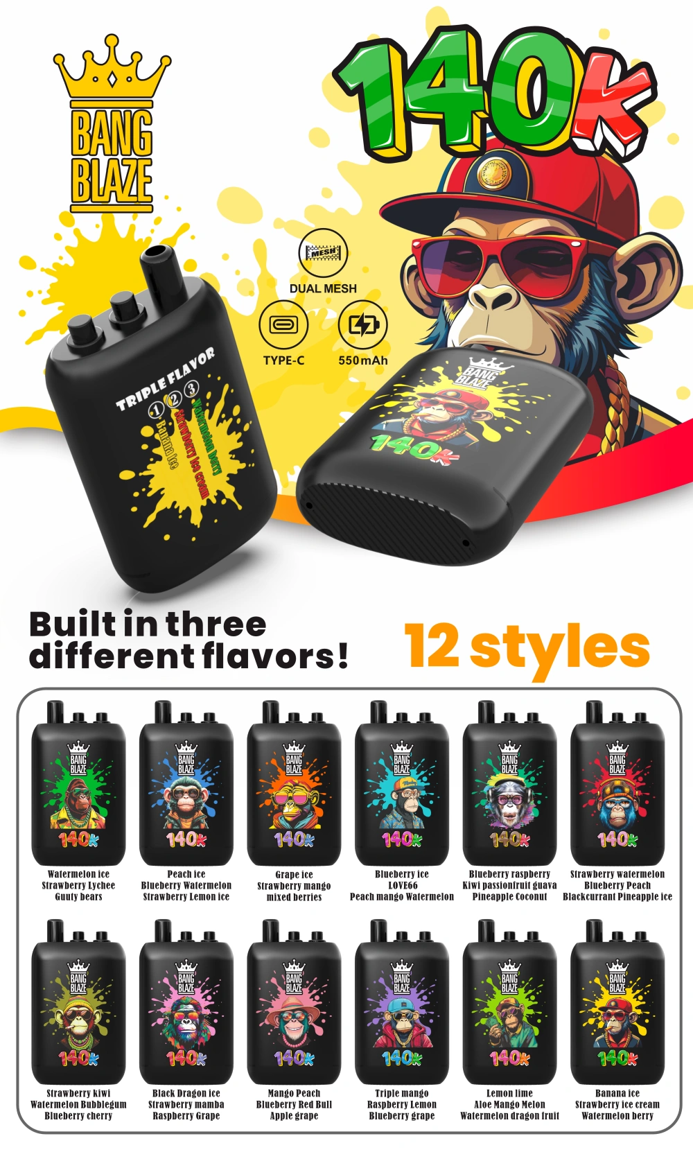 EU Vape Bang Blaze 140k Puffs 3 en 1 Vape Jetable Rechargeable 140 000 bouffées Livraison Gratuite
