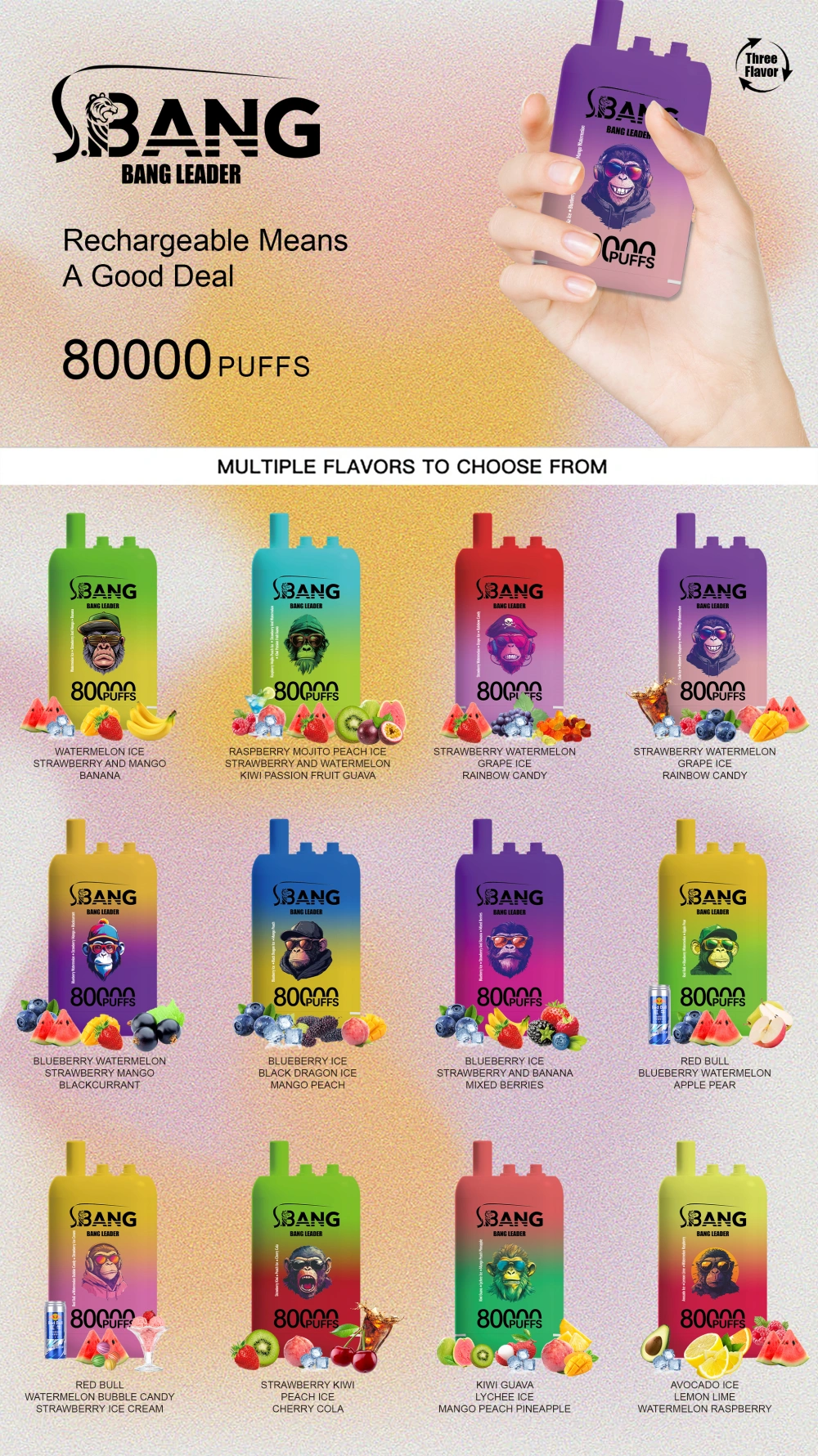 Entrepôt UE Bang Leader 80k Bouffées 80000 Trois Saveurs Vape Jetable 3 en 1 Boutique