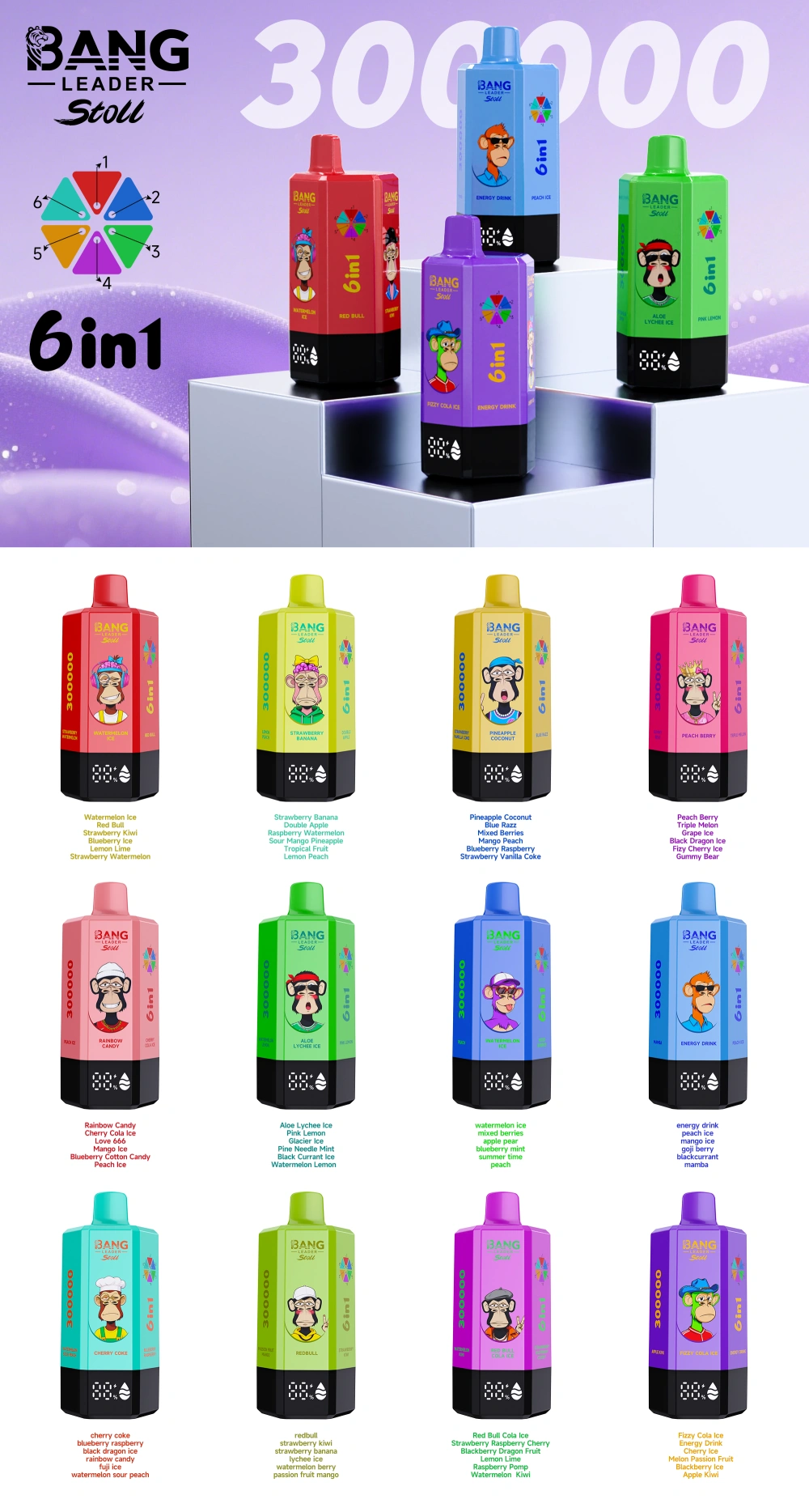 Bang Leader Stoll 300k Bouffées 6 en 1 Vape Jetable 300000 Vente en Gros Livraison Gratuite