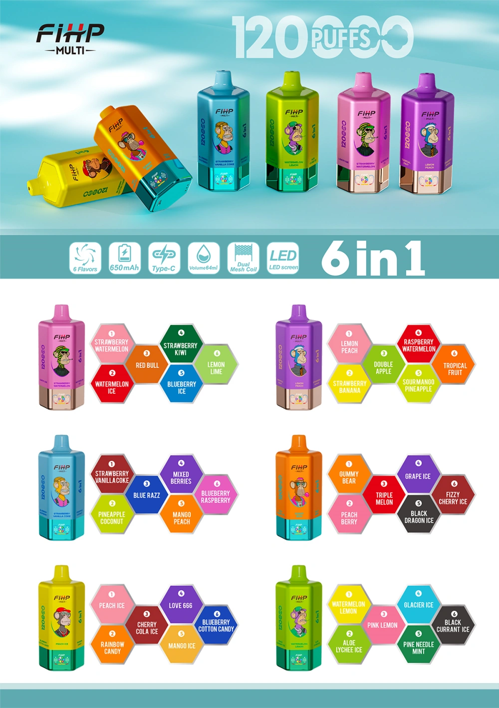 FIHP 120K Bouffées 6 en 1 Vape Jetable 120000 Vente en Gros Livraison Gratuite