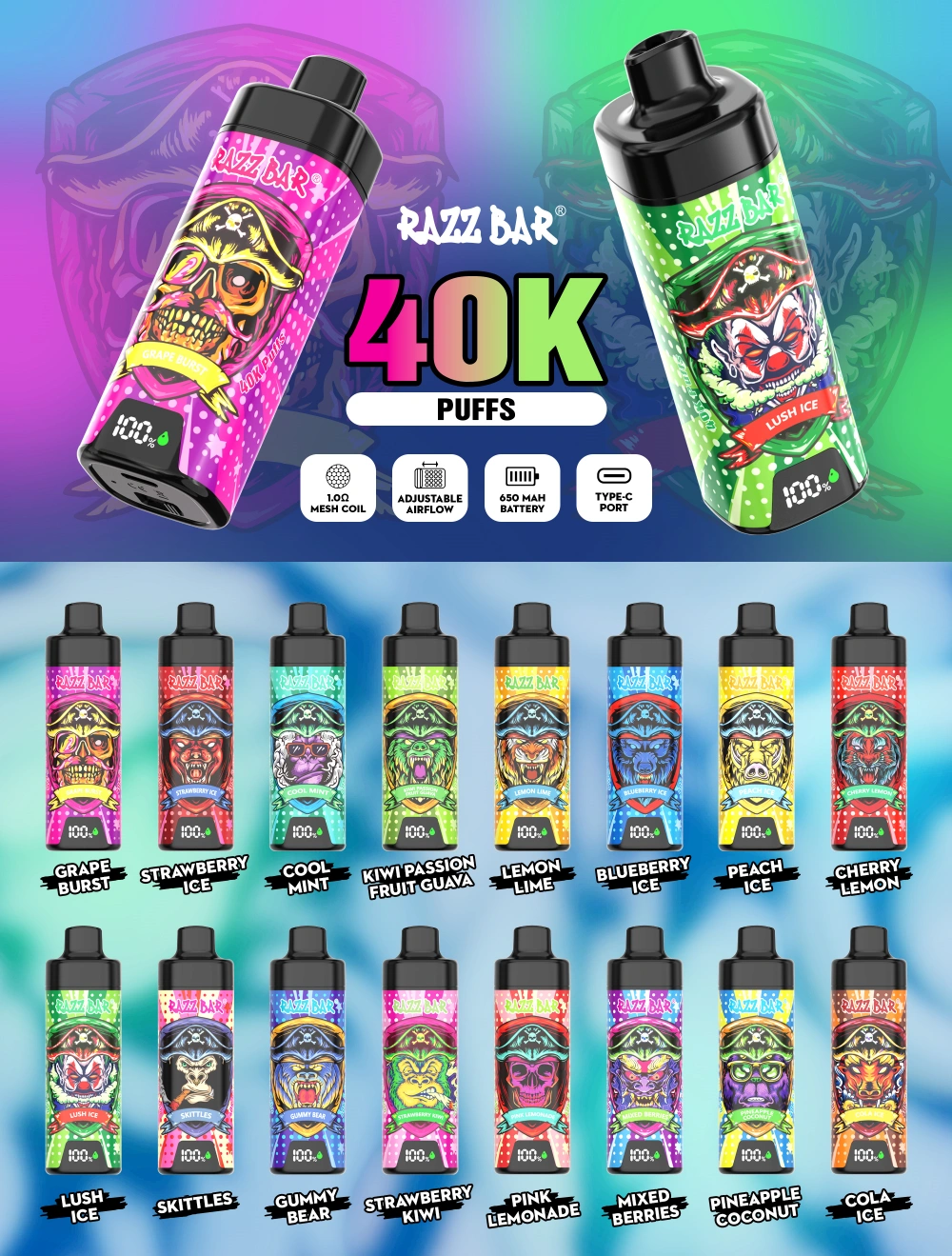 Razz Bar 40k Bouffées Vape Jetable Avec Écran Intelligent Livraison Gratuite
