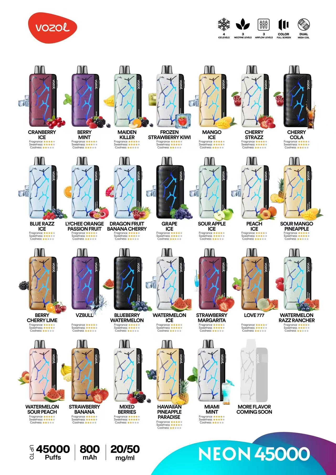 Vozol Neon 45000 Bouffées 45k Ice Control Vape Jetable Entrepôt UE