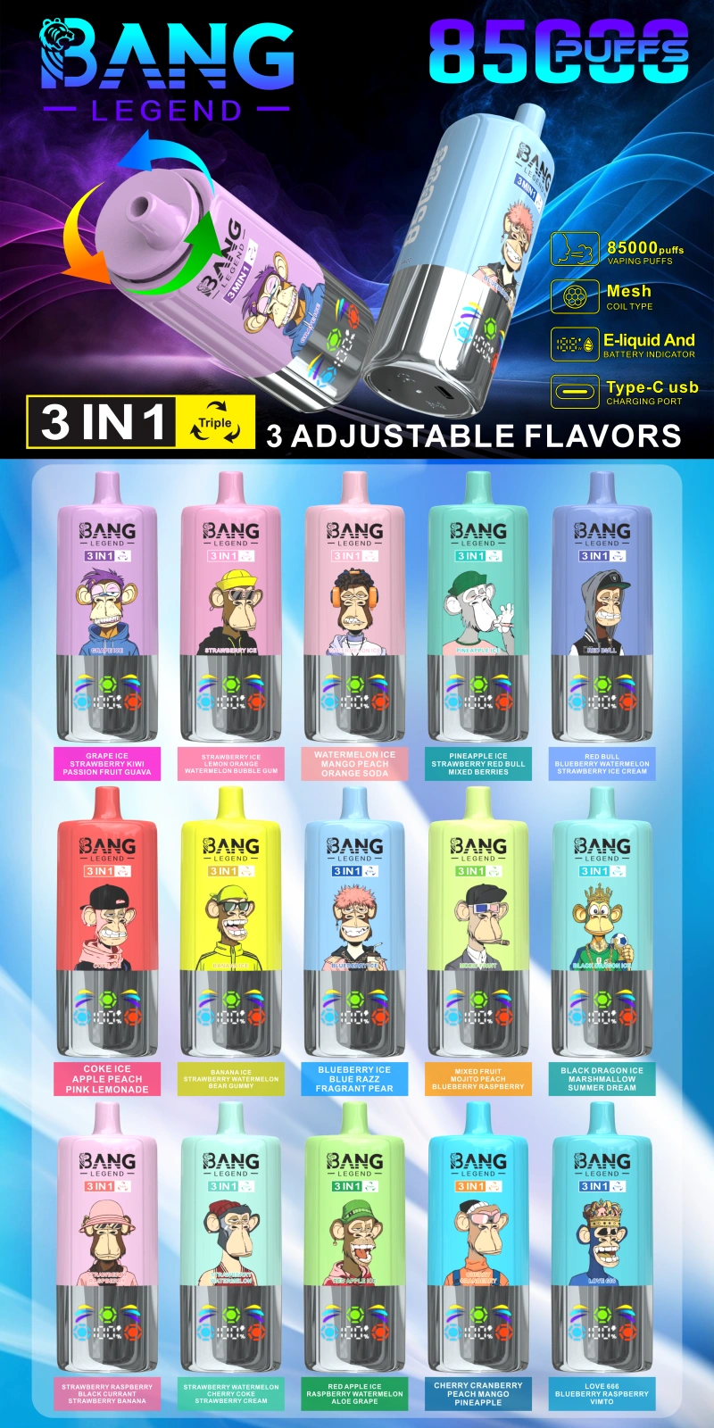 Bang Legend 85000 Puffs 85k Vape Jetable 3 en 1 Livraison Gratuite depuis Entrepôt en Chine