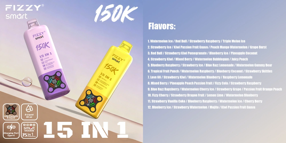 Fizzy 150k Bouffées 15 en 1 Saveurs Vape Jetable 150000 Livraison Gratuite Entrepôt UE
