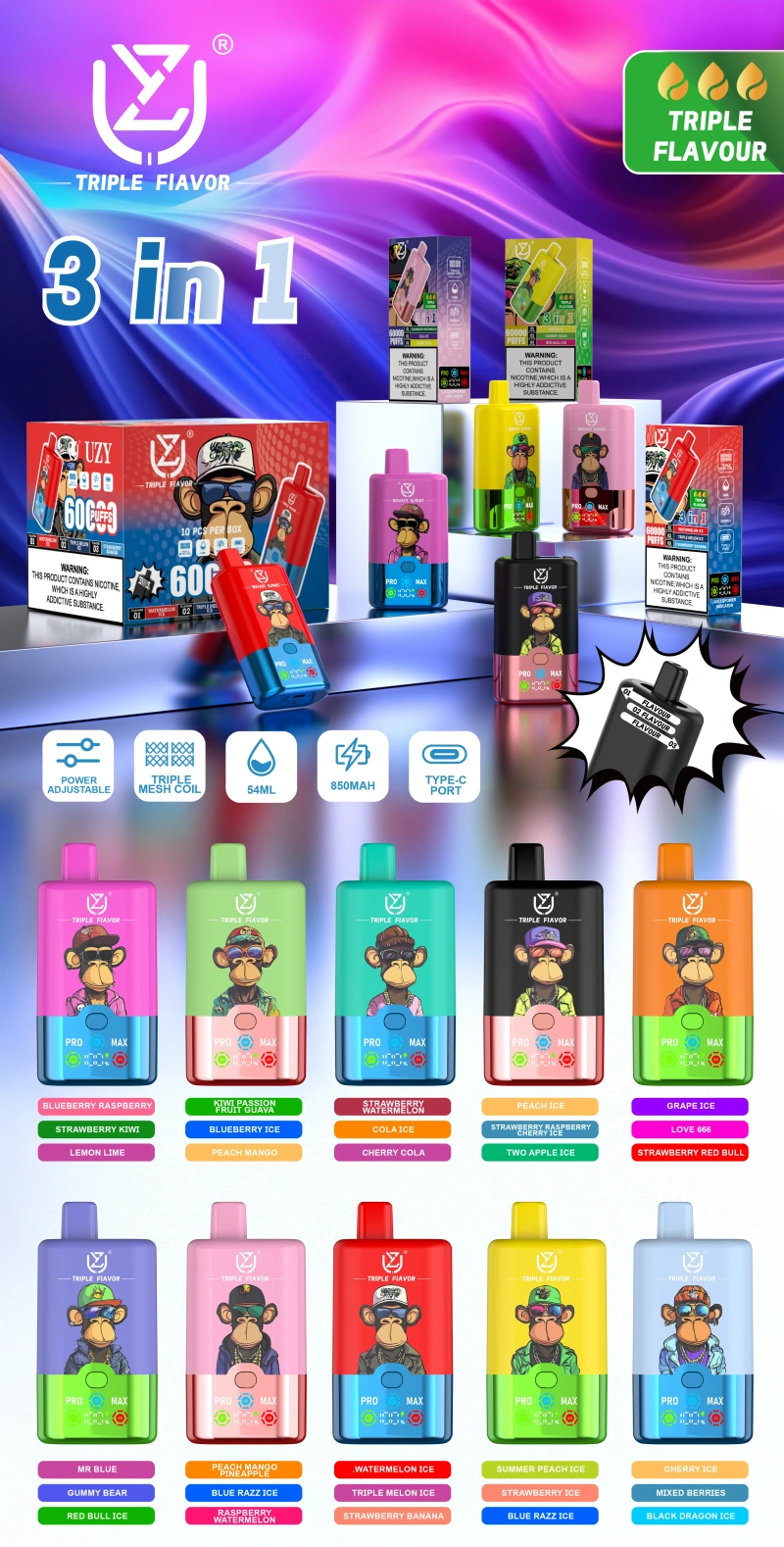 UZY 60K Puffs 3 en 1 Meilleur Vape Jetable 60000 Livraison Gratuite Entrepôt UE