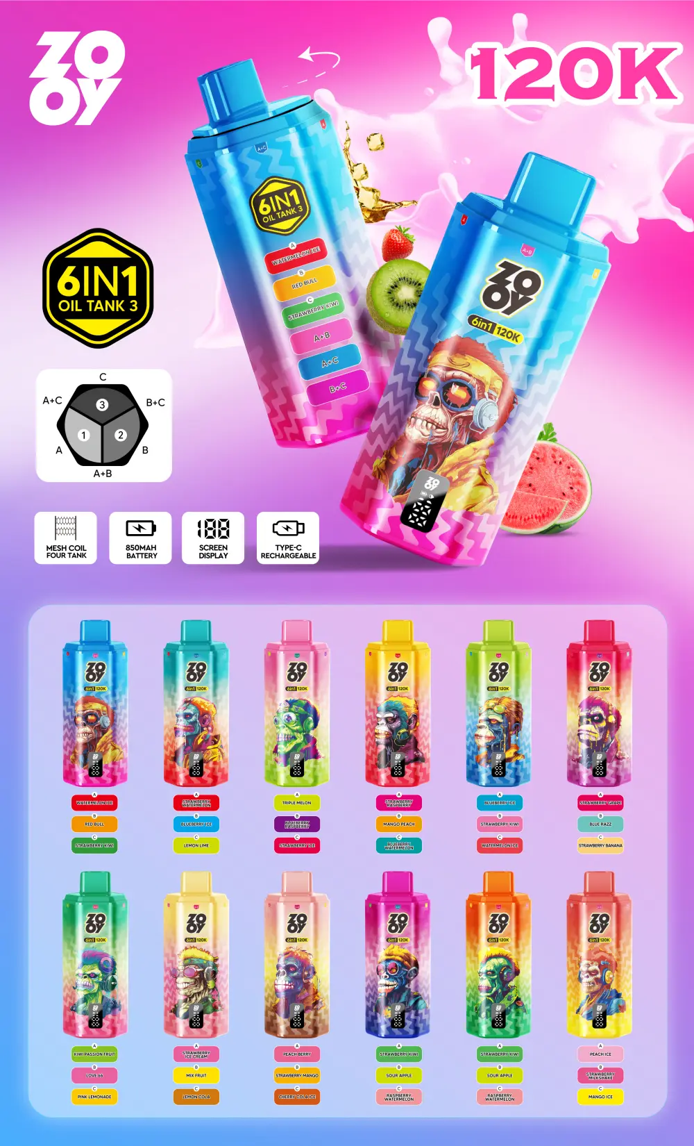 ZOOY 120K Puffs 6 en 1 Vape jetable 120000 Livraison gratuite depuis l’entrepôt UE